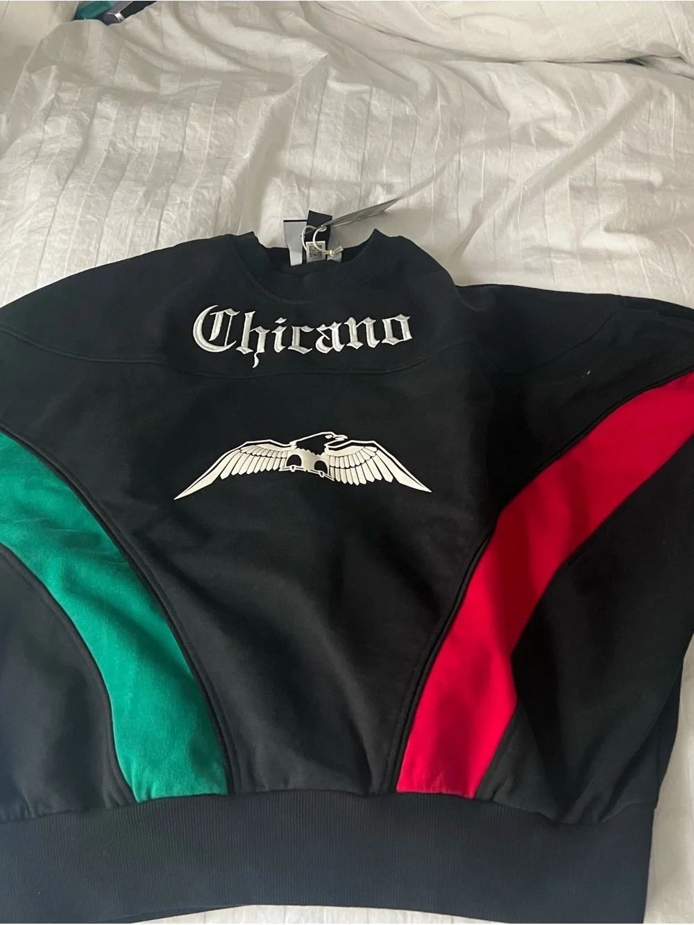 WILLY CHAVARRIA/ ADIDAS unisex Black Crewneck Sweater with Green & Red Panels